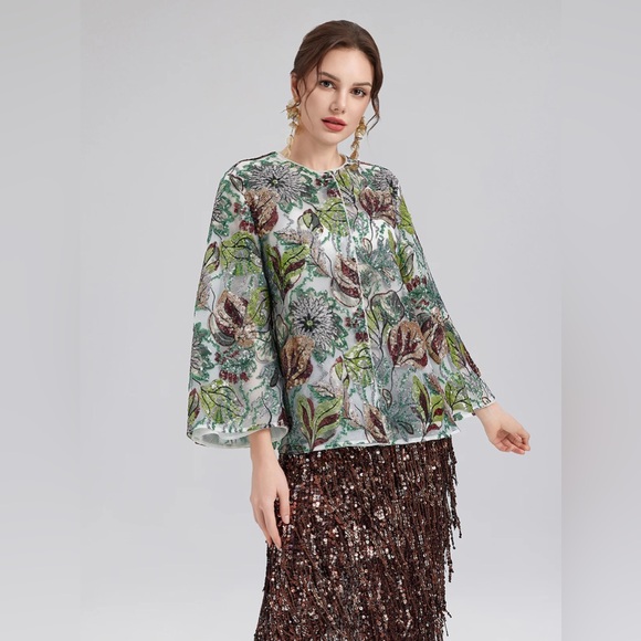 Rich Radi Q’S Green Sequin Floral Loose Jacket - Picture 4 of 11